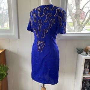Vintage 100% Silk Sequined Cobalt Silk Dress S